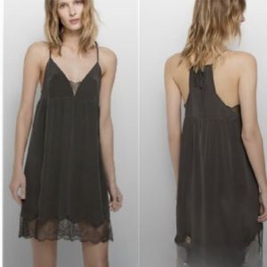 Zadig & Voltaire Coralie gray silk slip on dress  with lace trim sz L